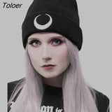 Dark Punk Black Knitted Caps Hats Harajuku Grunge Moon Graphic Print Autumn Woman Cap Beanies Warmer Cap Women's