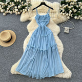 Tea Break Retro Sling Dress Women's Holiday Wind To Show Thin Folds Design Long