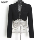 Patchwork 2 Pieces Suit Gorgeous Crystal Chain Design Turn-down Collar Celebrity Party Club Crop Tops Mini Skirt