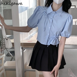 Blusas De Mujer Puff Sleeve Tunic Bow Blouses Women Clothing Crop Tops Hollow Out Folds Summer Shirts Chic Vintage