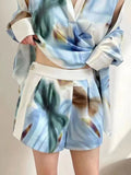 Casual Print Two Piece Set For Women V Neck Long Sleeve Cut Out Tops High Waist Short Pants Colorblock Sets