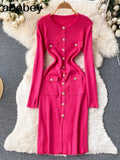 Women Knitted Pencil Dress Korean Long Sleeve Elastic Slim Dress Autumn Winter Sexy Bodycon Warm Sweater