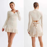 Bow Tied With Lot Of Leaves Side Of The Knitted Dress Pearl Buckle Long-Sleeved Little Scented Style