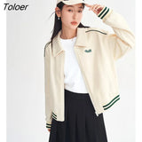 Women Coat 2023 Spring Long Sleeve Polo Neck Loose Sweatshirt with Zipper Embroidery Apricot Sport Casual Chic