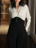 Elegant Jumpsuit For Women V Neck Long Sleeve Patchwork Colorblock Loose Wide Leg Pants Female Clothing Fashion