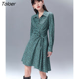 Women Dress 2022 Spring Long Sleeves Polo Collar Asymmetrical Waist Design Floral Elegant Vintage