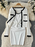 2022 Autumn OL Knitted Sets Pocket Long Sleeve Cardigan+ Midi Long Tank Top Knit Dress Ladies Sweater Two Pieces