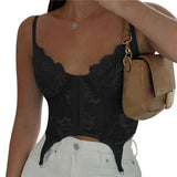 Sexy Lace Corset Cami Hollow Out Tank Top Female See Through Club Party Streetwear Sleeveless Slim Black Goth Crop