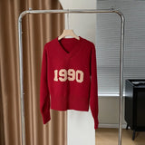 Women's V-neck 3d Letter Thick Sweater Women's New Autumn Winter 2022 Korean Loose Short