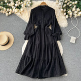 Embroidary Single Breasted Solid Dress 2022 Hollow Out Slim O Neck Long Sleeves Ladies A Line Summer Long