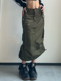 Long Cargo Skirt Women Y2k Streetwear Vintage Pocket High Waist Side Split Shirring Casual Straight Midi Skirt