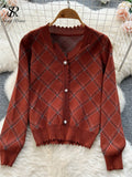 Winter Retro Plaid Knit Sets Single Breasted V Neck Cardigan+Elastic Wide Leg Long Pant Women Sweater Two Pieces