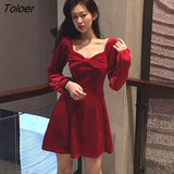 Sleeve Dress Women Square-collar Bow Elegant Backless Mini A-line Velvet-fabric Fashion Retro Womens Vestidos Chic