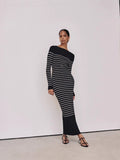 And Winter New Women's Fashion Elegant Round-Neck Dress Striped Dress Long