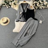 Printing Casual Set Of Women's Shawl Jacket + V Collar Bottom Knitted Shirt + Broad Leg Trousers Three