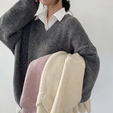 Solid Color V-Neck Oversized Sweater-Outfit