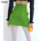 Street Pu Skirts High Waist Asymmetrical Green Chic All-Match Skirts Office Fashion Fall Zipper A-Line Mini Skirts