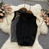 Summer Shiny Diamonds Decor Women Two Piece Set Black Stand Collar Sleeveless Short Tops + High Waist Pencil Pants Suit