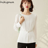 Temperament Shirts for Women Fashion Chiffon Blouse O-neck Long Sleeve Chiffon Tops Blouses Korean Vintage Blusas