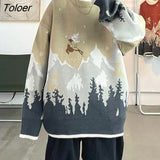 Hip Hop Snow Mountain Deer Embroidered Christmas Sweater Women Warm Winter Knitted Pullover Vintage Kawaii Fashion Big