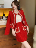Winter Fashion Plaid Red Tweed Two Piece Set Women Pearls Single Breasted Fringed Woolen Jackets Coat + Pocket Mini