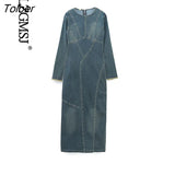 Women Denim Dress Back With Zipper Spring Elegant Dresses For Women Round Neck TRAF