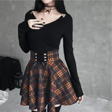 Checkered Women's Gothic Skirt Women Pleated Plaid Skirts Spring Autumn Girl Hip Hop Female Punk Goth Mini Skirt