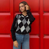 Vintage V Neck Knitted Sweater Casual Argyle Jumper 2020 Y2K Preppy Style Long Sleeve Scottish