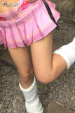 Japanese Y2k Pleated Skirt Women Pink Harajuku Kawaii Low Waist Embroidery A-line Mini Plaid Skirt Sexy Gyaru