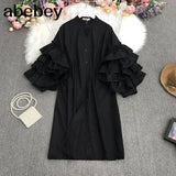 New Summer Fashion All-match stand collar puff sleeve Dress multi layer Ruffles loose Shirt