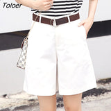 Korean Fashion Casual Summer Shorts Women Loose Wide Leg Pantalon Femme Belt Green White High Waist Shorts Female
