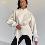 Winter Bodycon White Hoodies Women Fashion Long Sleeve Hooded Sweatshirts Casual Irregular Pullover Tops Female
