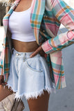 Women Blazers Notched Collar Plaid Coat Pocket Outerwear Long Sleeve Korean Fashion Loose Jackets Spring Office Lady