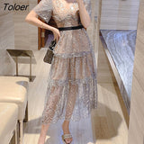 V-neck Embroidery Mesh Dress Woman High Waist Elegant Evening Party Dresses Female Runway Maxi Dress Vestido De