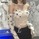 2021 Women Top Moon Print Bandage Bustier Crop Tops Chain Halter T Shirt Off Shoulder Long Sleeve Patchwork Slim