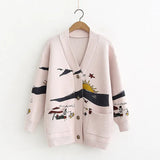 Autumn White Cotton Knitted Cardigan Sweater Women Coat 2022 Print V-Neck Pockets Female Jumpers Casaul Buttons Women