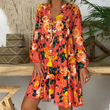 Bohemian Women Dresses Summer Long Sleeve Button Loose Mini Dress Big Swing Boho Dress Printed Vestido 425-0-Outfit