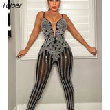 Rhinestones Crystal Overalls Jumpsuits One Piece Pants Sexy Straps Summer Diamonds New Mesh Sheer Party