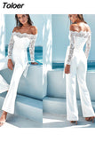 Women Elegant Jumpsuit One Shoulder Spaghetti Straps Solid Color Lace Open Back OnePiece Wide-leg Jumpsuits Long