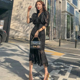 Women Party Dress 2020 Spring fashion Office OL chiffon Half Sleeve Ruffles Bodycon Mermaid Midi