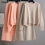 Fall Winter Chic Knitted Outfits Women Elegant Loose Pullover O Neck Oversized Sweater 2 Piece Set Wide Leg Pants