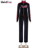 Women Tracksuit Letter Print Velvet 2 Piece Outfit Sweatshirt+Straight Sweatpants Matching Set Fitness Sporty