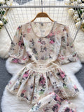 Flower Embroidery Lace Shorts Set Women Short Sleeve Hollow Out Ruffles Shirt Top+Wide Leg Shorts Summer 2 Piece
