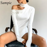 Fashion Autumn Sexy Women Casual Turtleneck White Knitted Basic Bodysuit Tops Hollow Out Skinny Off Shoulder Body