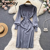 Women Autumn French Knitted Dress O Neck Long Sleeve Sheath Dress Office Lady Fashion Solid Mid Long Sweater