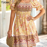 Floral Print Short Dress Women Casual Blue Puff Sleeve Boho Beach Dress Fashion Square Collar New In Dresses