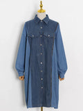 Denim Shirt Dress For Women Lapel Long Sleeve Patchwork Colorblock Midi Dresses Female Spring Clothing Style
