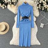 Autumn Winter Women Knitted Dress Turtleneck Sweater Dresses Lady Slim Bodycon Long Sleeve Bottoming Dress