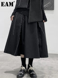 High Elastic Waist Black Topstitched Irregular Ra-line Half-body Skirt Women Fashion Tide New Spring Autumn 2023