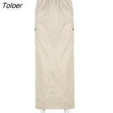 Summer Y2K Casual Long Cargo Skirts Women Solid Baggy Low Waist Midi Skirts Streetwear With Pockets Chic Vacation